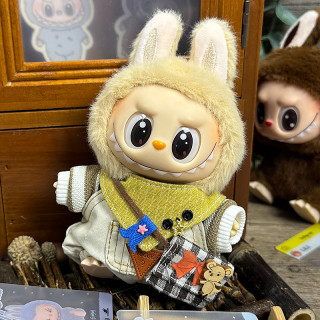 2025.06.13 Labubu Clothes White Happy Mouse (sweater + overalls + scarf + backpack)