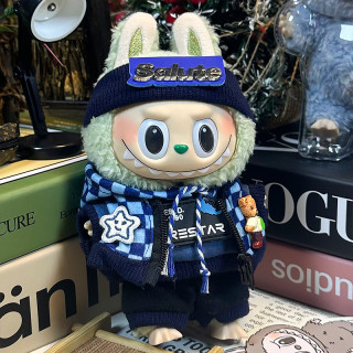 2025.06.13 Labubu Clothes Dark blue trendy plaid (headband + jacket + sweatshirt + sweatpants)