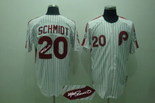 Mitchell and Ness Autographed MLB Philadelphia Phillies #20 Mike Schmidt White Red Strip Stitched