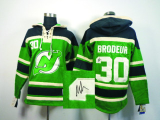 Autographed New Jersey Devils -30 Martin Brodeur Green Sawyer Hooded Sweatshirt Stitched NHL Jersey