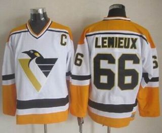 Pittsburgh Penguins -66 Mario Lemieux White Yellow CCM Throwback Stitched NHL Jersey