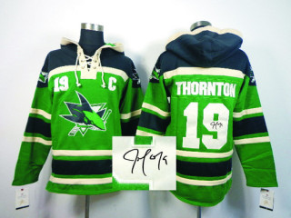 Autographed San Jose Sharks -19 Joe Thornton Green Sawyer Hooded Sweatshirt NHL Jersey