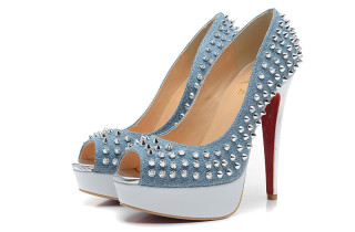 CL 14 cm Denim Blue fish mouth pointed nailed sandals AAA