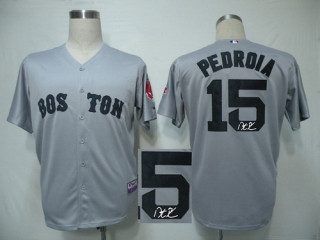 Autographed MLB Alternate 1 Boston Red Sox #15 Dustin Pedroia Grey Stitched Jersey